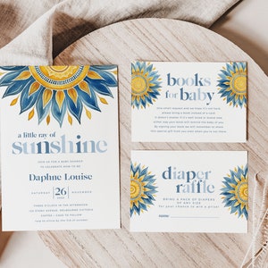 Baby Shower Invitation Bundle, Printable Boho Sunshine Invite, Registry, Books for Baby, Diaper Raffle, Little Ray of Sunshine BUB002