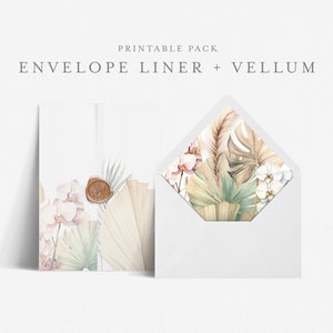5x7 Envelope Liner Template with Printable Wedding Vellum Overlay, Euro and Square Flap, Print at home DIY, Boho Floral - HLW14 image 1