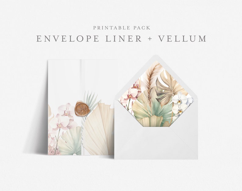 5x7 Envelope Liner Template with Printable Wedding Vellum Overlay, Euro and Square Flap, Print at home DIY, Boho Floral - HLW14 image 1
