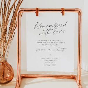 May include: A copper-coloured metal sign holder with a white sign that reads "Remembered with love." The sign includes the text "In loving memory of those who are not here today but are forever in our hearts." The sign also lists names.