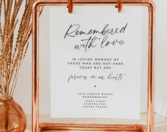 May include: A copper-colored metal sign holder with a white sign that reads "Remembered with love." The sign includes the text "In loving memory of those who are not here today but are forever in our hearts." The sign also lists names.
