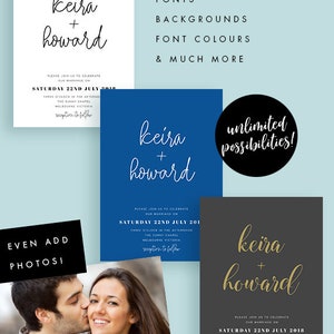 May include: A customizable wedding invitation template with the names "Keira + Howard" in a handwritten font. The template features a blue background with white text and a gold background with gold text. The text on the invitation reads "Please join us to celebrate our marriage on Saturday 22nd July 2018, three o'clock in the afternoon, The Sunny Chapel, Melbourne Victoria, reception to follow."