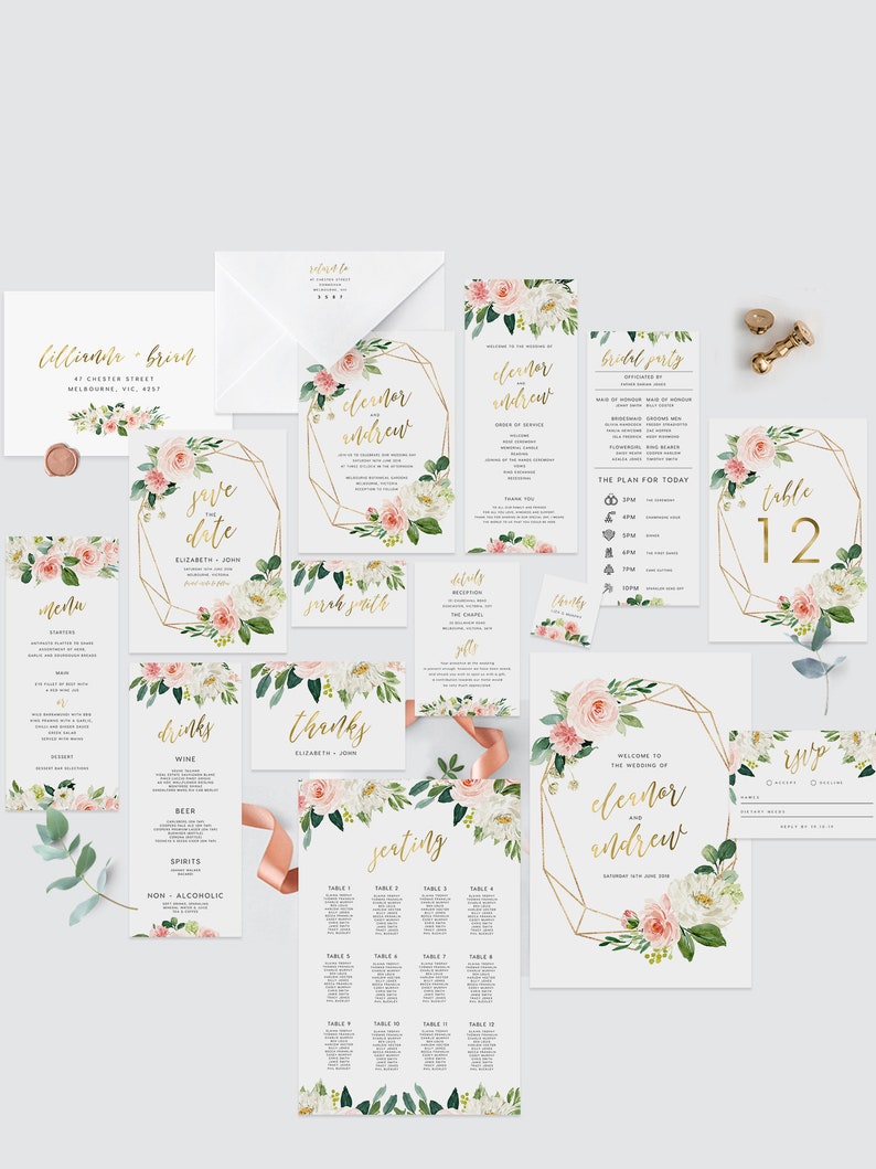 Wedding Invitation Set Bundle INSTANT DOWNLOAD template download Calligraphy wedding DIY wedding templates Templett WD005 Gold Foil