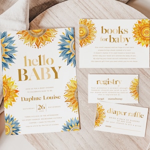 Baby Shower Invitation Bundle, Printable Boho Sunshine Invite, Registry, Books for Baby, Diaper Raffle, Little Ray of Sunshine BUB002