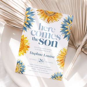 Here Comes the Sun Baby Shower Invitation, Printable Boho Sunshine Sprinkle Invite, For a Boy or Son, Little Ray of Sunshine BUB002