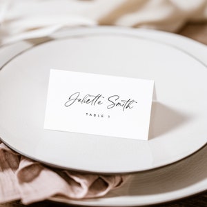 ミニマリストの席札テンプレート + 食事アイコン、フラット + 折りたたみ、印刷可能なモダンな結婚式の席札、編集可能なフードカード、エスコートカード - BAS01
