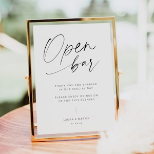 Open Bar Sign, Simple Modern Minimalist Drinks Printable for Wedding, Editable Alcohol Signage, Drinks are on us sign 8x10 5x7 - BAS01