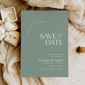 Sage Green Guardar la tarjeta de fecha, invitación de boda boho imprimible, tarjeta moderna minimalista, invitación elegante clásica editable 5x7 - HLW12