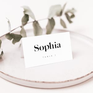 モダンな席札テンプレート + 食事アイコン、フラット + 折りたたみ、印刷可能なミニマリストの結婚式の席札、編集可能なフードカード、エスコートカード - BAS09