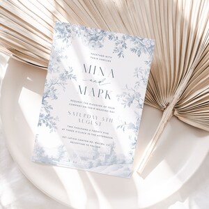 Plantilla de invitación de boda Toile, invitación a chinoiserie de porcelana azul polvoriento imprimible, suite de boda botánica tradicional 5x7 - HLW01 imagen 3