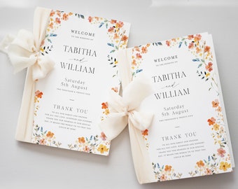Peut inclure: Deux programmes de mariage blancs avec un motif floral et le texte "Bienvenue au mariage de Tabitha et William" et "Samedi 5 août Deux mille vingt-cinq" et "Merci".