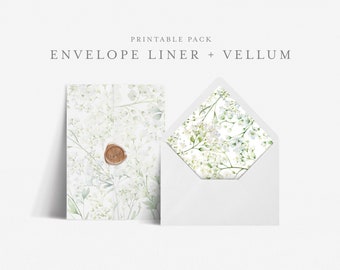 5x7 Envelope Liner Template with Printable Wedding Vellum Overlay, Euro and Square Flap, Print at home DIY, Botanical Greenery - HLW10