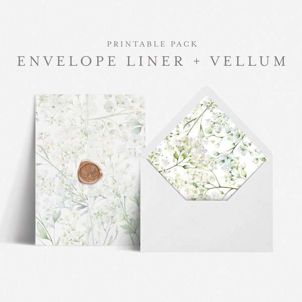 5x7 Envelope Liner Template with Printable Wedding Vellum Overlay, Euro and Square Flap, Print at home DIY, Botanical Greenery - HLW10