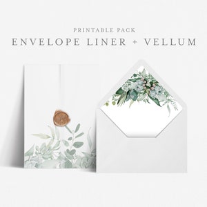 May include: Printable envelope liner and vellum with a watercolor floral design in shades of green and pink. The design features leaves, flowers, and berries.