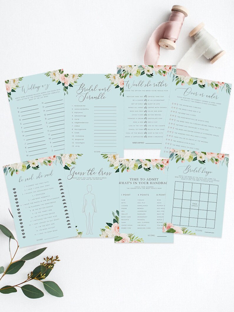 floral Bachelorette Games Brunch Game blue Bridal Shower Games Hens Night Game Card Bridal Shower Games Bundle INSTANT DOWNLOAD