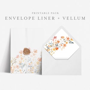Könnte beinhalten: Druckbarer Briefumschlaginnenfutter und Pergament mit einem Aquarell-Blumenmuster in Orange-, Gelb- und Blautönen. Der Text "PRINTABLE PACK ENVELOPE LINER + VELLUM" befindet sich oben im Bild.