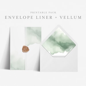5x7 Envelope Liner Template with Printable Wedding Vellum Overlay, Euro and Square Flap, Print at home DIY, Green watercolor wash - HLW20