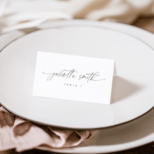 ミニマリストの席札テンプレート + 食事アイコン、フラット + 折りたたみ、印刷可能なモダンな結婚式の席札、編集可能なフードカード、エスコートカード - BAS01