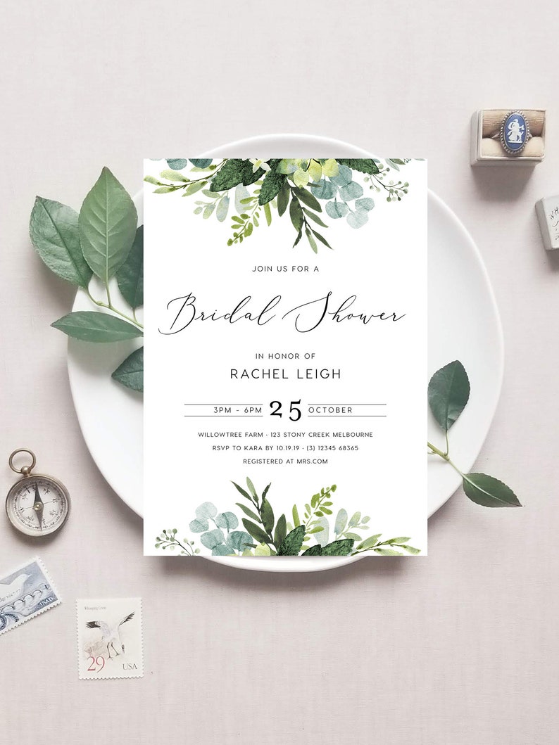 floral Bridal Shower Invitation INSTANT DOWNLOAD, Hens Night Invite, DIY Printable, Templett, Editable, greenery, wreath, leaves, script 