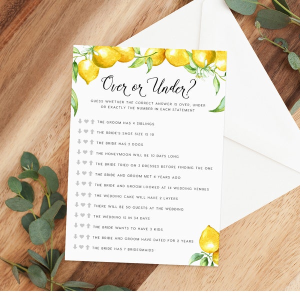 Bridal Over or Under Game INSTANT DOWNLOAD, Bridal Shower Games, Game Card, Bachelorette Games, Hens Night, Brunch Game , Guessing, lemons