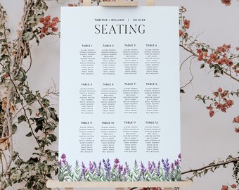 May include: A white seating chart with black text listing table numbers and guest names. The chart is decorated with a watercolor illustration of lavender flowers at the bottom.