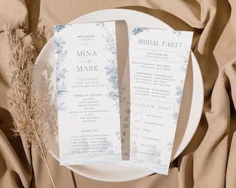 May include: A wedding invitation with a blue floral design. The invitation includes the names Mina and Mark, the date Saturday, 5th August, Two Thousand Twenty-Five, and the order of service for the wedding ceremony. The invitation also includes a section for the bridal party and the plan for the day.