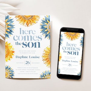 Digital Here Comes the Sun Baby Shower Invitation, Printable Boho Sunshine Sprinkle Invite, For a Boy or Son, Little Ray of Sunshine BUB002