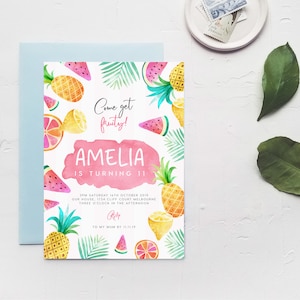 Fruit 11e verjaardag uitnodigen INSTANT DOWNLOAD, elfde verjaardag, voor tiener, jongen voor meisje Templett, fruitige tutti, meloen, citroen, tropisch