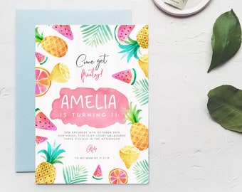 May include: A colorful invitation with a tropical theme. The invitation features a watermelon, pineapple, lemon, and grapefruit. The text on the invitation reads "Come get fruity! Amelia is turning 11. 3PM Saturday 16th October 2019. Our house, 1734 Cliff Court Melbourne. Three o'clock in the afternoon. Resp. To my mum by 11.11.19"