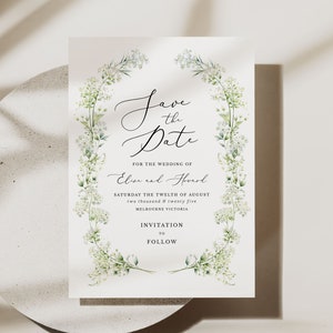 Schleierkraut Save The Date Karte, druckbare Boho-Hochzeit einladen, Aquarell Schleierkraut Wildblumen Blätter bearbeitbar 5x7 - HLW10