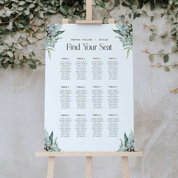 Succulents Wedding Seating Chart Template INSTANT DOWNLOAD Elegant Wedding Plan Sign Printable, Leaves Find Your Seat Sign, Editable - HLW25