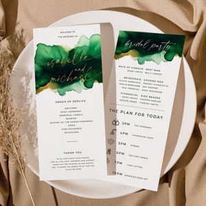 Programme imprimable de mariage vert émeraude + or, modèle de programme aquarelle mince et long, ordre du service, cérémonie catholique chrétienne - HLW17