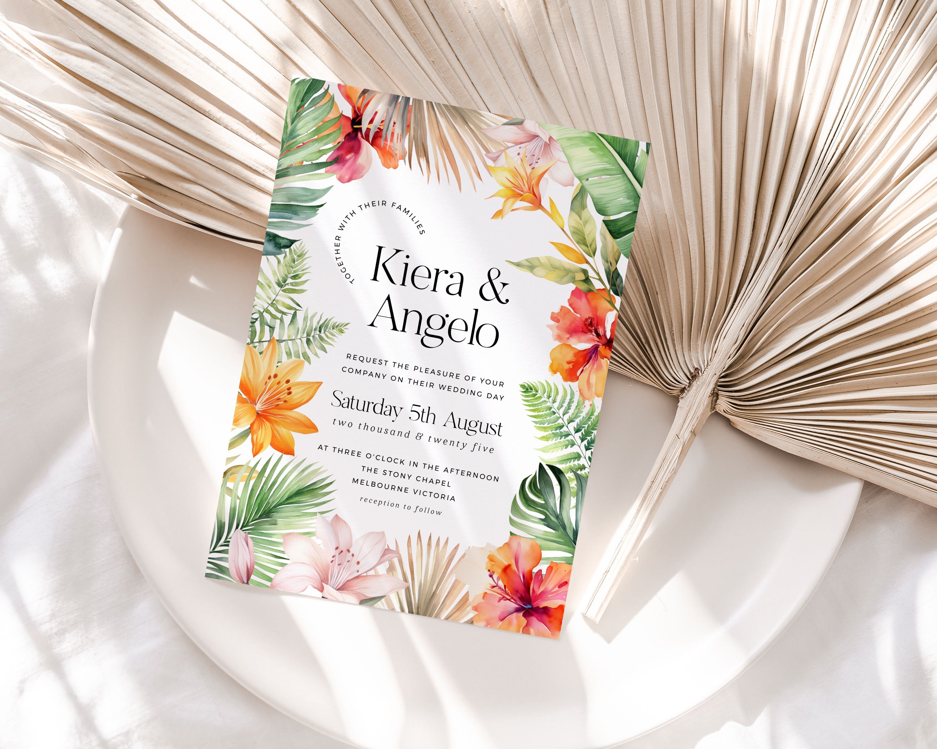 Tropical Wedding Invitation Template, Printable Destination Beach Wedding Invite, Bright & Colorful Editable Wedding Suite 5x7 - HLW03