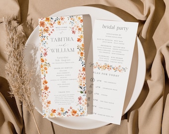 Wildflower Wedding Printable Program, Slim Long Botanical Program Template, Floral Order of Service, Catholic Ceremony, Christian - HLW06