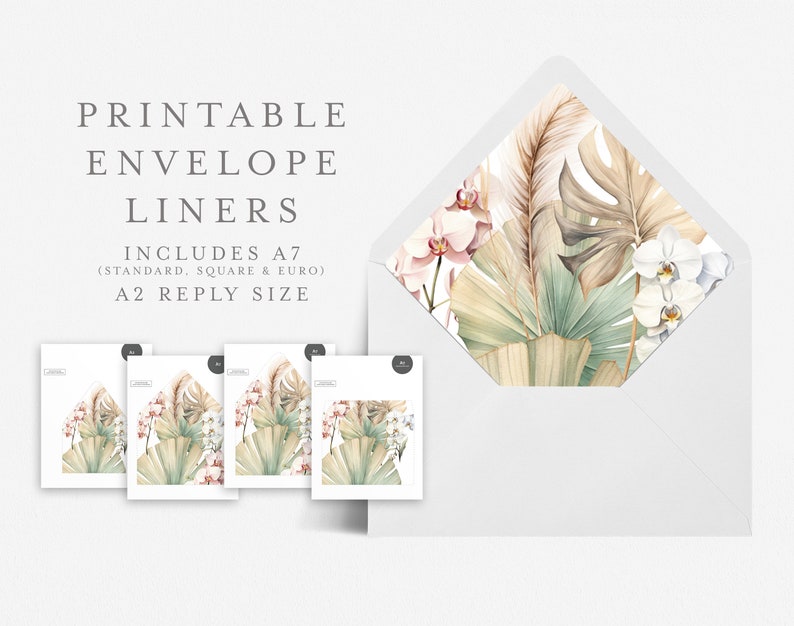 5x7 Envelope Liner Template with Printable Wedding Vellum Overlay, Euro and Square Flap, Print at home DIY, Boho Floral - HLW14 image 2
