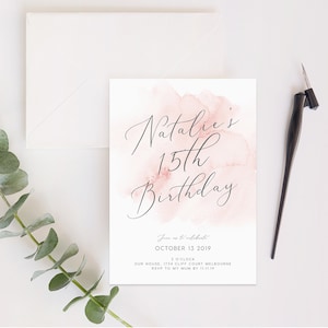 Blush 15th Birthday Invite INSTANT DOWNLOAD, Fifteenth Birthday, Teenager, for boy, for girl Templett, watercolor, blush, pink, simple