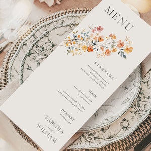 Plantilla de menú de boda de flores silvestres, tarjeta de boda para comer imprimible, menú de cena de boda floral botánico, menú de mesa larga 4x9 - HLW06