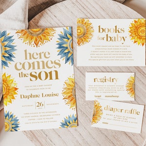 Baby Shower Invitation Bundle, Printable Boho Sunshine Invite, Registry, Books for Baby, Diaper Raffle, Little Ray of Sunshine BUB002