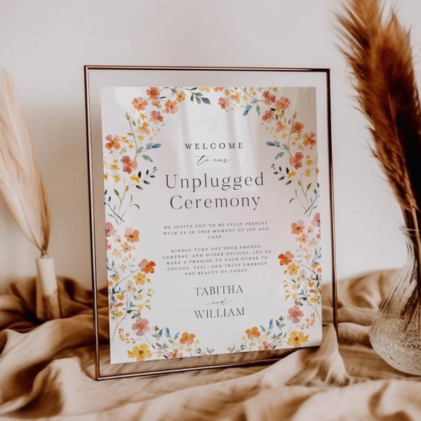 Wildflower Wedding Unplugged Ceremony Sign Template, Pick A Seat Not a Side, No devices sign, DIY Editable Welcome Sign 5x7 8x10 - HLW06