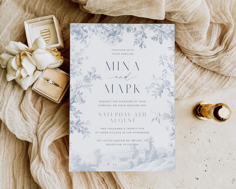 Plantilla de invitación de boda Toile, invitación a chinoiserie de porcelana azul polvoriento imprimible, suite de boda botánica tradicional 5x7 - HLW01 imagen 1