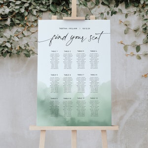 Plantilla de gráfico de asientos de boda Sage Green Ombre DESCARGA INSTANTE Signo de plan de acuarela, imprimible, encuentre su signo de asiento, editable - HLW20