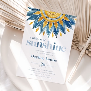 A Little Ray of Sunshine Baby Shower Invitation, Printable Boho Sun Sprinkle Invite, Gender Neutral, Here comes the sun, Sunflowers BUB002