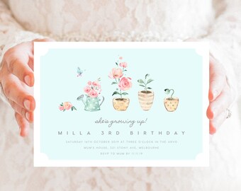 Flower Pot 3rd Birthday Invitation INSTANT DOWNLOAD, Invites, Girls, Third birthday, Templett, watering can, butterfly, flowery invite, pink