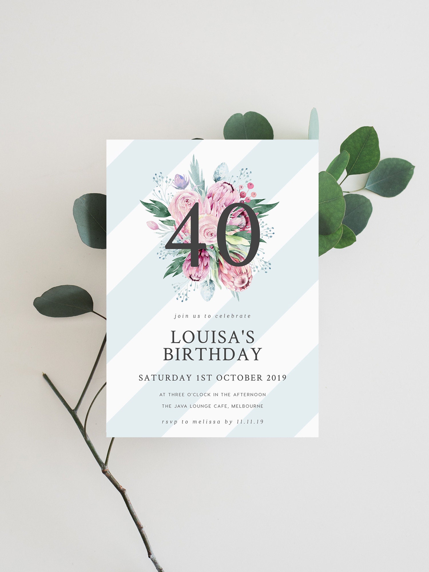 Protea 40th Birthday Invite Instant Download Fortieth Etsy Ireland