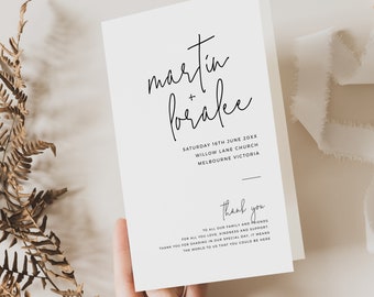 May include: A white wedding thank you card with black calligraphy text. The text reads "martin + loralee" and "SATURDAY 16TH JUNE 20XX WILLOW LANE CHURCH MELBOURNE VICTORIA" and "Thank you TO ALL OUR FAMILY AND FRIENDS FOR ALL YOU LOVE, KINDNESS AND SUPPORT THANK YOU FOR SHARING IN OUR SPECIAL DAY, IT MEANS THE WORLD TO US THAT YOU COULD BE HERE".