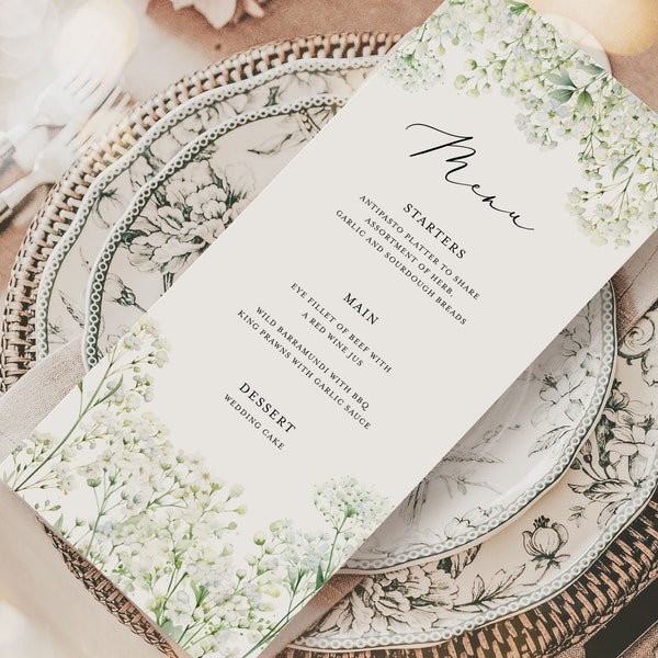 Baby's Breath Wedding Menu Template, Printable Eat Wedding Card, Gypsophila Wedding Dinner Menu, Wildflower Long Table Menu 4x9 - HLW10