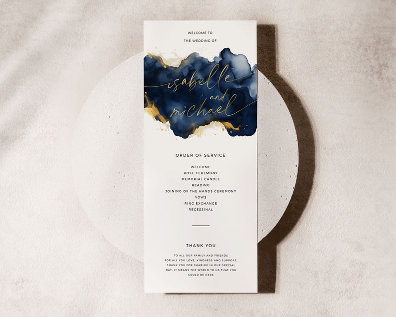 Navy Blue + Gold Wedding Printable Program, Slim Long Watercolor ...