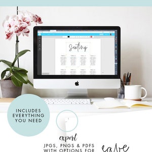 May include: A computer screen displaying a wedding seating chart template with the word "Seating" at the top. The text "export JPGS, PNGS & PDFS with options for trim marks" is below the screen. The text "save the date" is on a white surface below the computer.