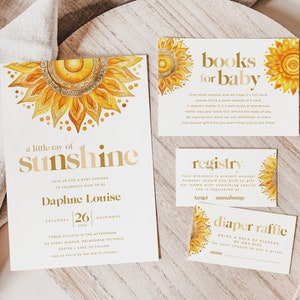 Baby Shower Invitation Bundle, Printable Boho Sunshine Invite, Registry, Books for Baby, Diaper Raffle, Little Ray of Sunshine BUB002