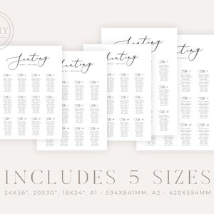 May include: Five printable seating chart templates in different sizes: 24x36 inches, 20x30 inches, 18x24 inches, A1 - 594x841 mm, A2 - 420x594 mm. Each template features a simple, elegant design with the word "Seating" written in a script font.